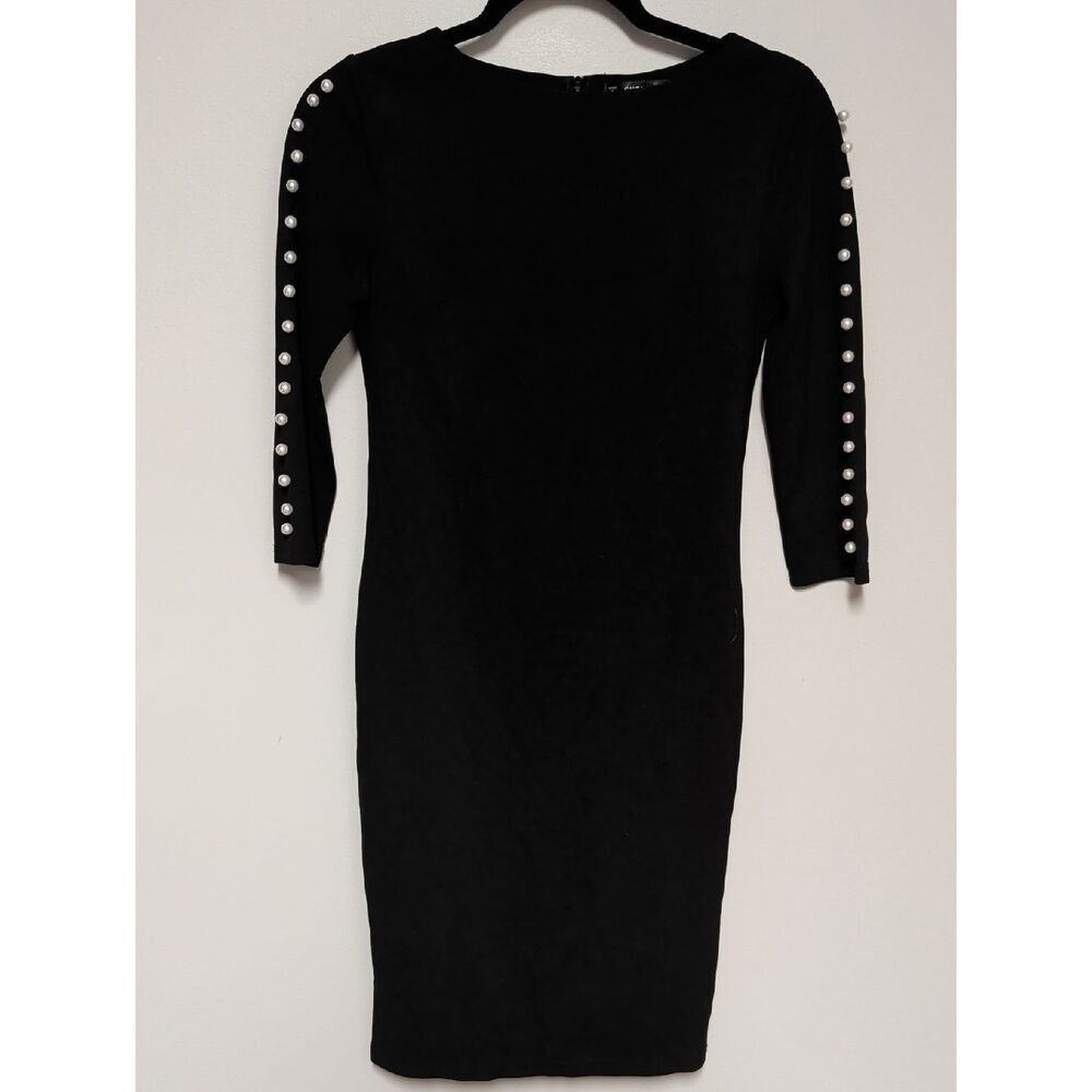 SHEIN Black Pearl-Trim Long Sleeve Sheath Dress